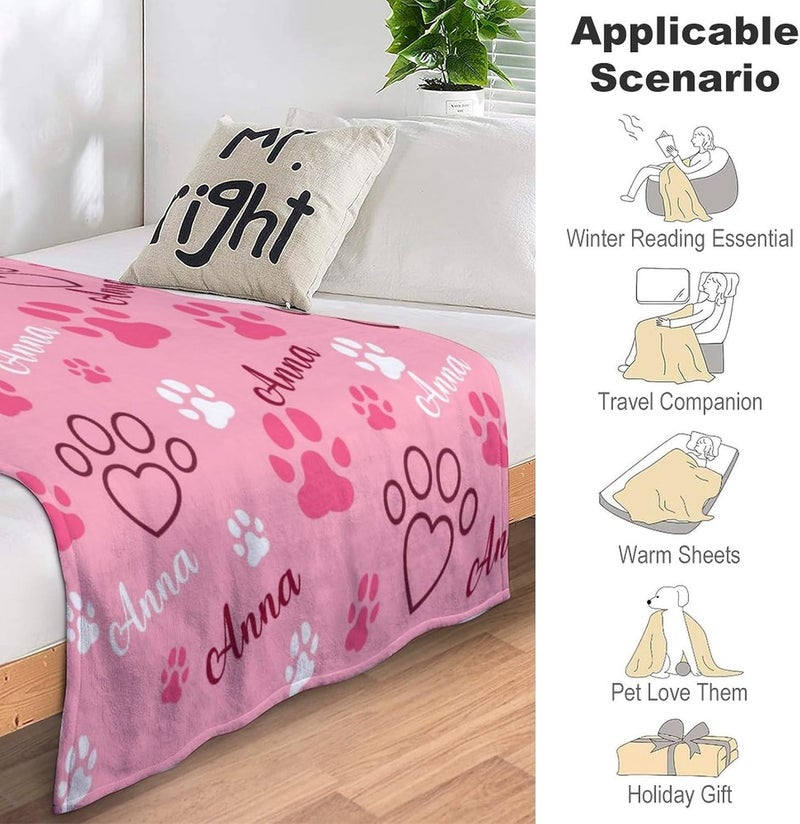 Artsadd Personalized Paw Print Dog Blanket With Pets Name, Custom Pet Name Blanket for Small Dogs, Flannel Puppy Blanket, Dog Memorial Gifts for Loss of Dog, Pet Loss Sympathy Remembrance Gifts - Image 3